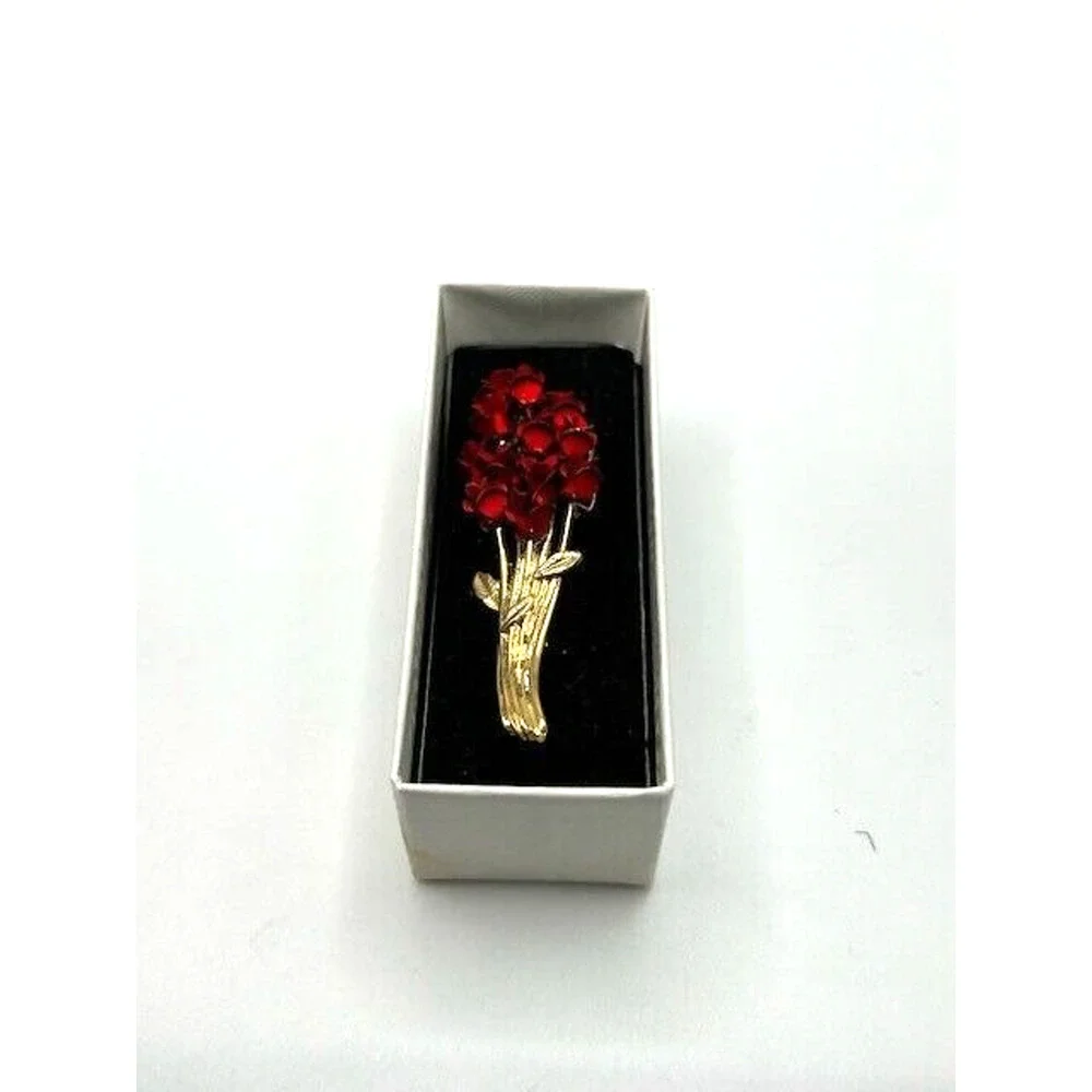 Vintage Avon Jewelry DM97 Gold Tone Dozen Enamel Red Roses Brooch‎ Pin 2.5